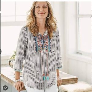 J Jill Love Linen Boho Embroidered Tunic Womens Small Striped Hook Eye Tassels